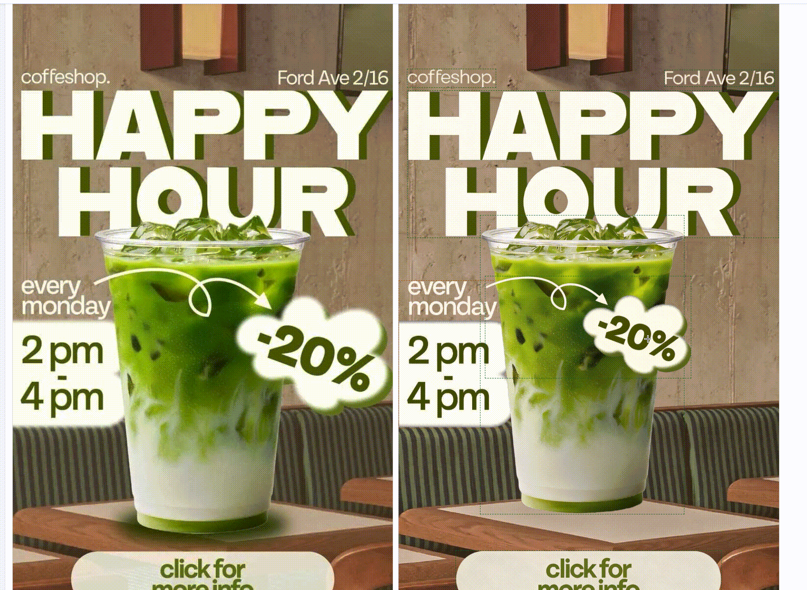 图片展示了两款“Happy Hour”饮品广告。左侧饮品杯内有绿色液体和白色泡沫，杯底有黑色颗粒，背景为木质墙面，上方有“every monday 2 pm 4 pm”字样。右侧饮品杯内液体颜色较深，泡沫较少，背景为绿色条纹座椅。两图均以大号白色字体显示“HAPPY HOUR”，下方有绿色“-20%”及“click for more info”等信息。图片与上下文介绍的图层分离功能相关，展示了可独立编辑的图层效果。