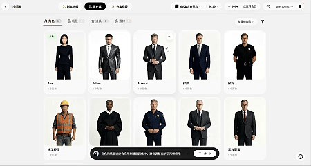 该图片展示的是小云雀Agent的角色选择界面，界面内展示了多个不同外观、着装的人物形象，这些人物覆盖不同性别、肤色，着装包含正装、工装、制服等多种类型。每个人物形象旁有对应的英文标识，界面底部有操作提示与按钮，结合上下文可知，该界面与系统生成本土化视觉素材的功能相关，用于为异国语境的视频内容挑选适配的角色，支撑从创意想法生成多国本土化成片的流程。